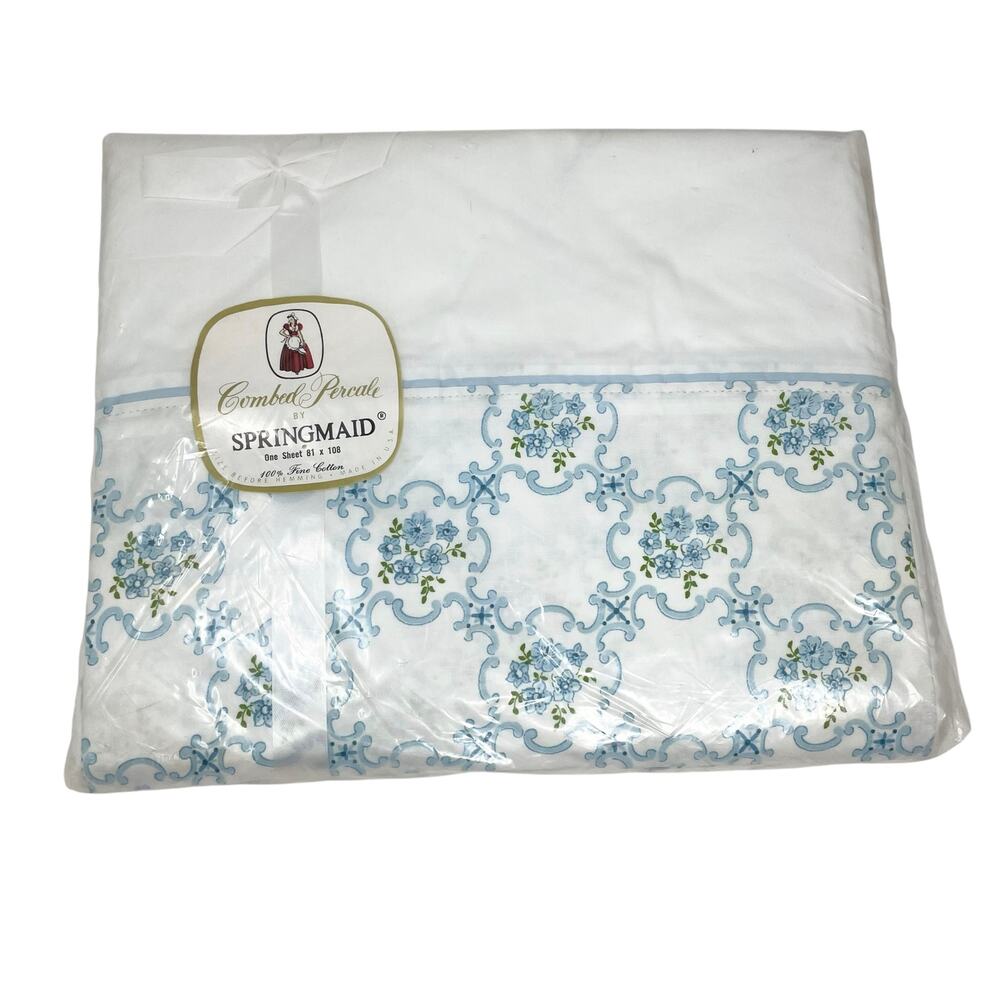 Springmaid Full Size Flat Sheet New Old Stock White with Blue Floral Border